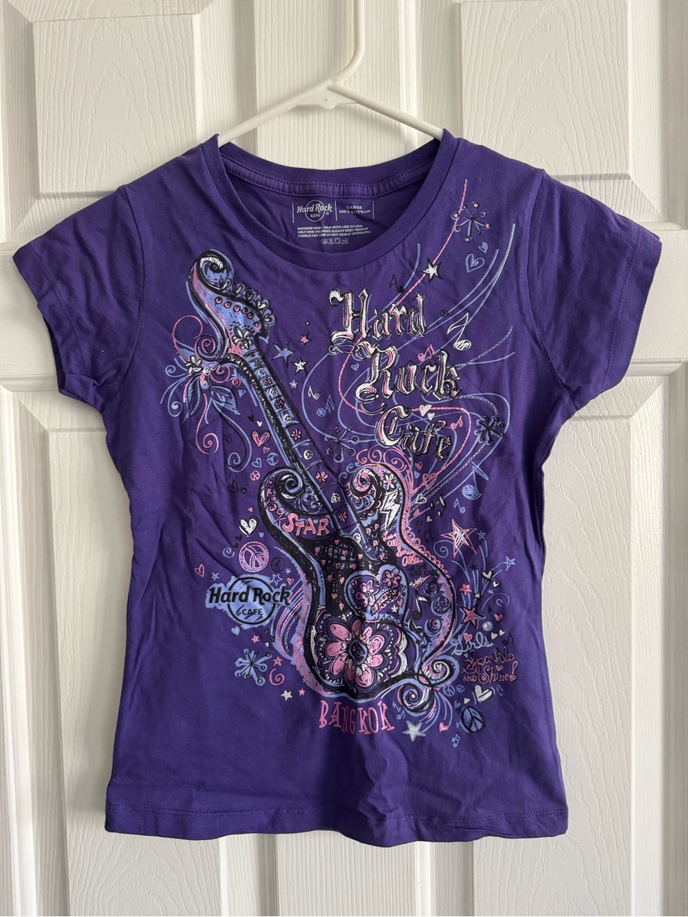 NWT Hard Rock Cafe Bangkok Girls Purple Guitar Graphic Tee Shirt Large - Picture 3 of 6